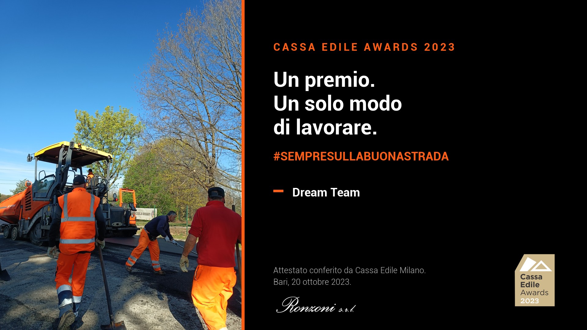 Ronzoni S.r.l. premiata ai Cassa Edile Awards 2023 nella categoria Dream Team