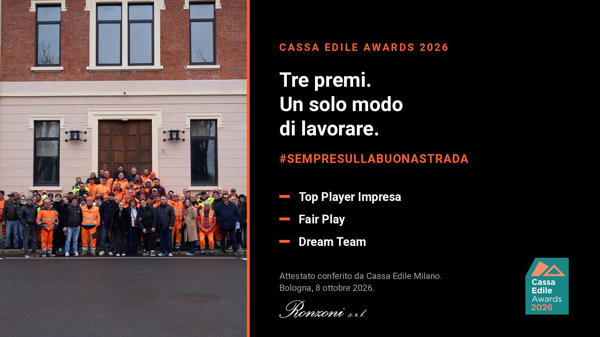 Ronzoni S.r.l. premiata ai Cassa Edile Awards 2026 nelle categorie Top Player Impresa, Fair Play e Dream Team